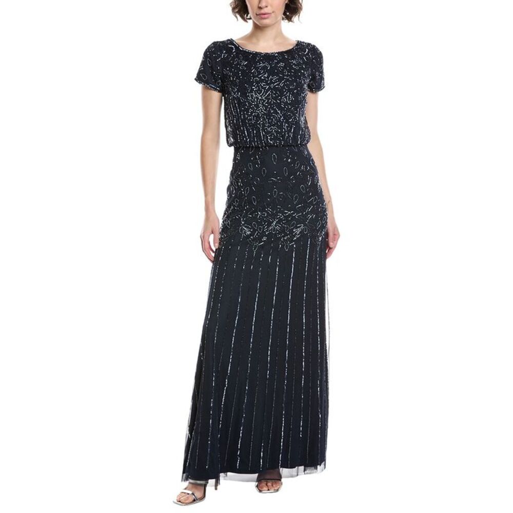 Adrianna Papell Black Sequin Embellished Short Sleeve Midi Dress